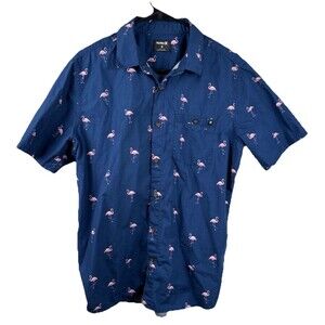 Hurley Flamingo Theme Blue Cotton Blend Button Short Sleeve Shirt Mens Medium